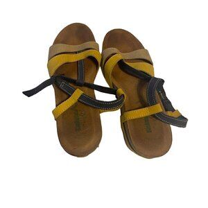 BioNatural by Bos & Co Wedge Sandals Blue & Mustard Yellow Leather Cork Size 9